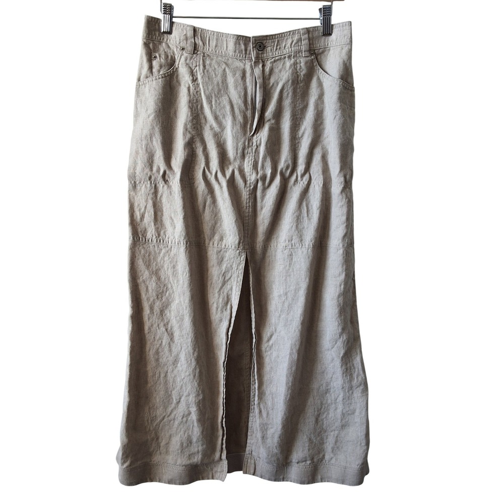 Nicole Miller New York L 100% Linen Maxi Skirt front Slit Eco Coastal Vacation